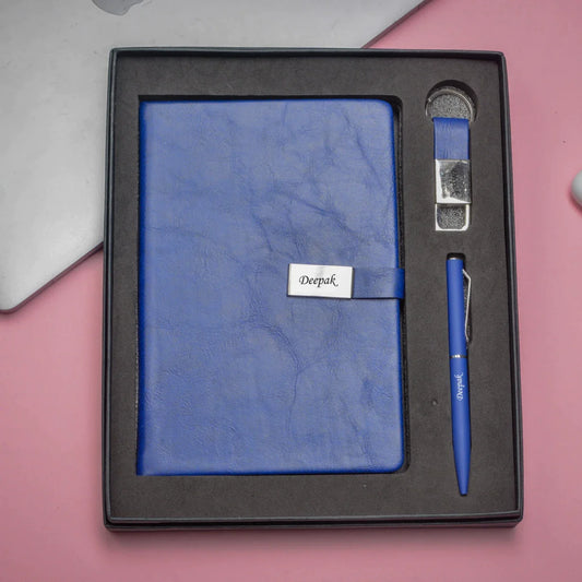 "Unleash your creativity and express your individuality with our unique corporate set. Our artistic diary, expressive pen, and personalized keychain will inspire you to reach your full potential."