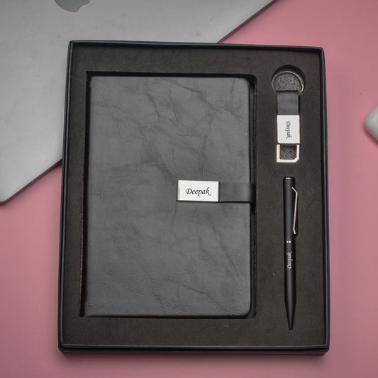 "Make a lasting impression with our deluxe corporate duo. Our sophisticated diary, smooth pen, and high-quality keychain will leave a lasting impression and set you apart from the rest."