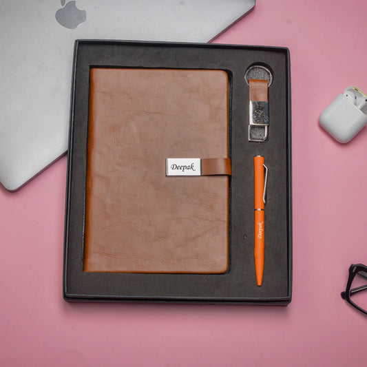 "Write your success story with our comprehensive corporate set. Our high-quality diary, smooth pen, and practical keychain will help you achieve your goals and live your best life."