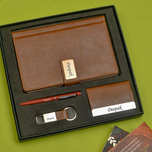 "Stay motivated and achieve your goals with our inspiring corporate combo. Our motivational diary, reliable pen, inspiring keychain, and organized card holder will keep you focused and on track."