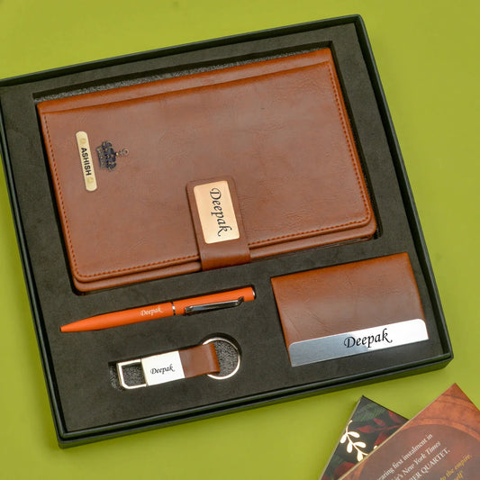"Elevate your professional image with our sophisticated corporate set. Our elegant diary, smooth pen, sleek keychain, and stylish card holder will give you a polished and professional look."