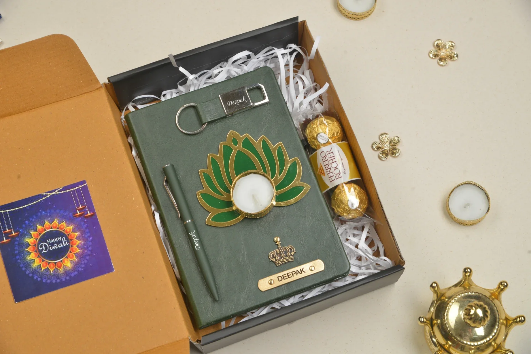 Make your Diwali celebration truly special with our customizable Diwali combo. This set includes a premium quality diary, a stylish keychain, a traditional diya, delicious chocolates, and a high-quality pen, all designed to bring a touch of traditional elegance and practicality to your Diwali celebrations.