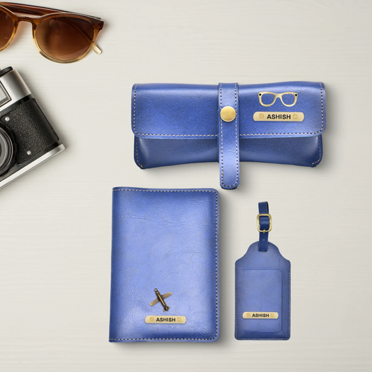 Embark on your next adventure with our custom traveler combo. This set includes a personalized passport cover, leather eye case, and luggage tag, each designed to make your travels more comfortable and stylish.