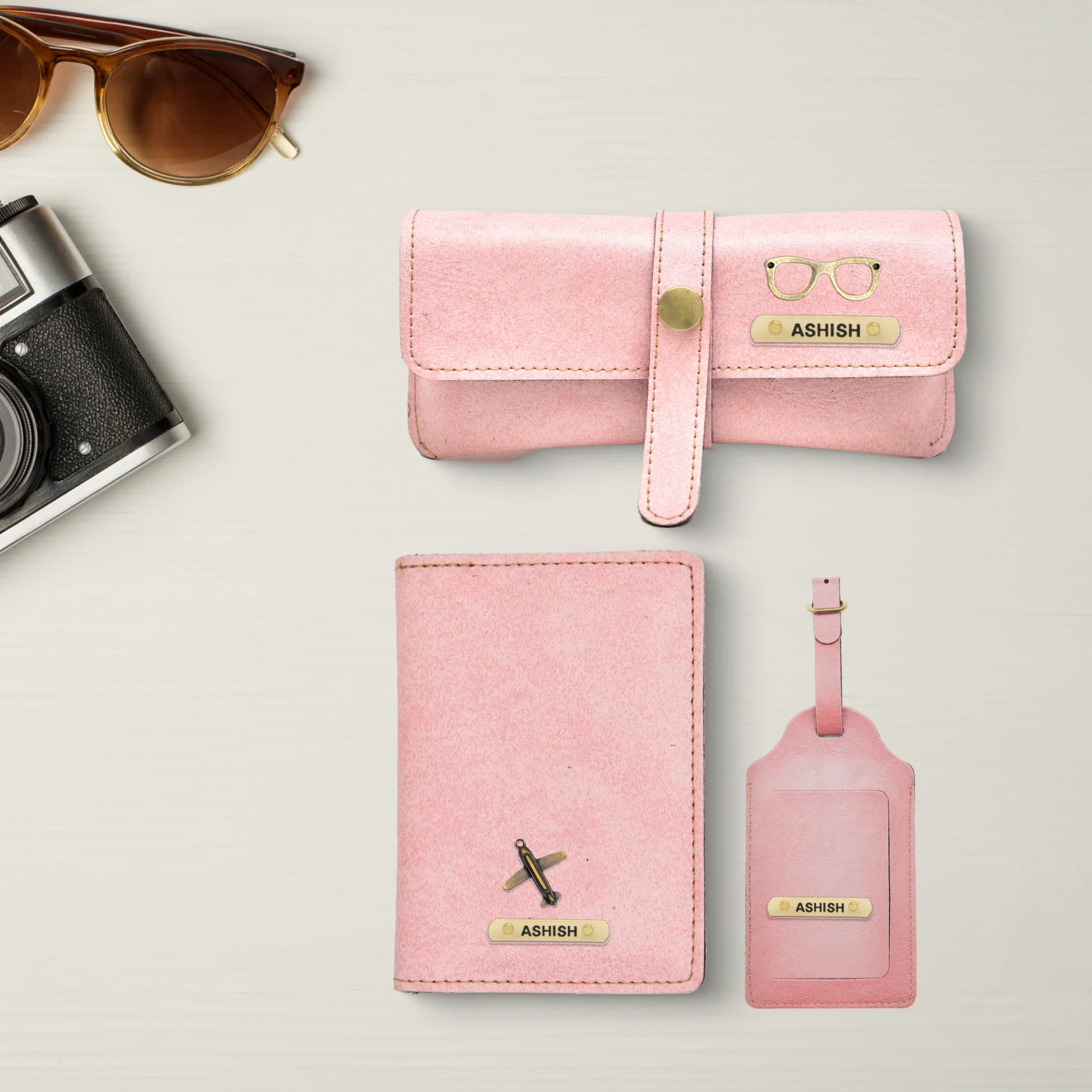 Travel with ease and style with our custom traveler combo. This set includes a personalized passport cover, leather eyewear case, and luggage tag