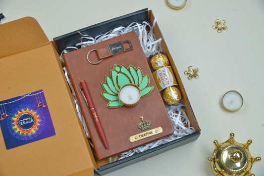 Get everything you need for a memorable Diwali celebration with our customizable combo set! With a diary for your thoughts and memories, a stylish keychain, a traditional diya, mouth-watering chocolates, and a premium pen, this set has everything you need for the festive season.