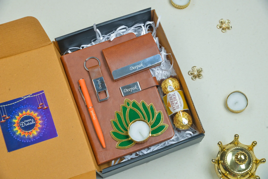 Get everything you need for a memorable Diwali celebration with our customizable combo set! With a diary for your thoughts and memories, a stylish keychain, a traditional diya, mouth-watering chocolates, and a premium pen, this set has everything you need for the festive season.