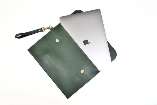Classy Leather Customized Laptop or Macbook bag/ Sleeve  13.5 inches - Olive Green