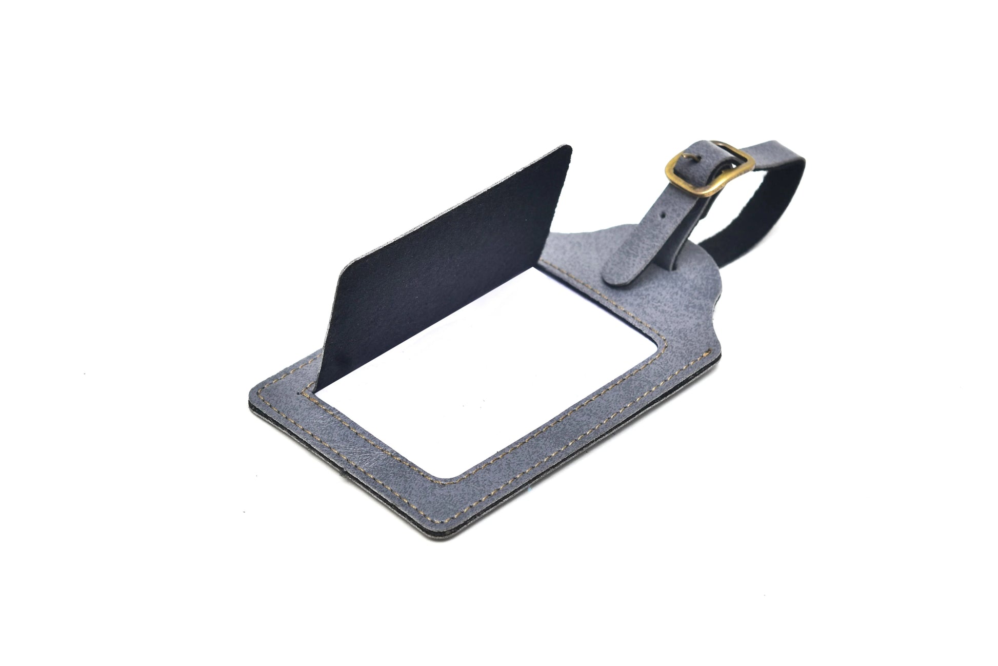 Open view of grey luggage tag