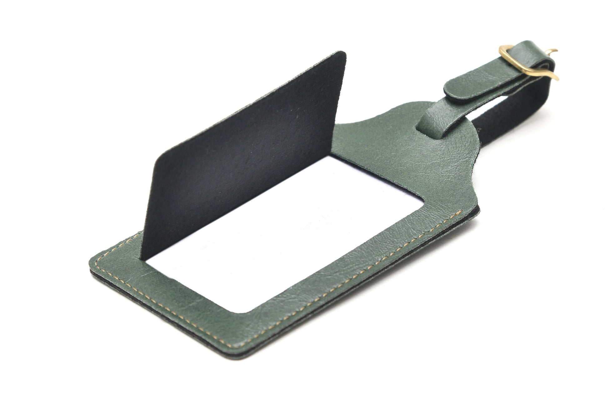 Open view of olive green luggage tag.Travel with ease and style with our customized luggage tags. These tags are made from durable materials, and can be personalized with your choice of design, logo, or photo, ensuring that your luggage is easily recognizable and always returned to you if lost.