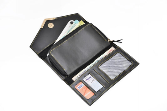 Classy wallet made with the top-notch quality vegan leather is the perfect touch to any office/formal attire. This is the best corporate gift! Inside or open view of black lady wallet