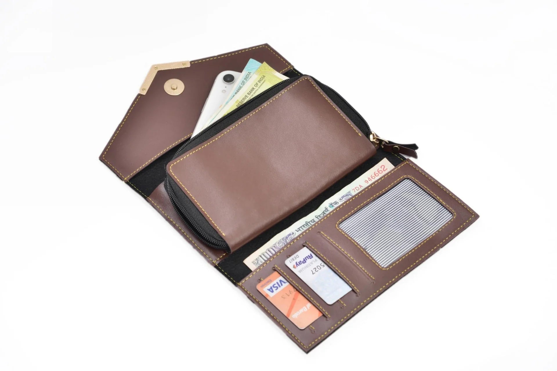 Always be trending and in fashion with our customized wallets. The travel Wallet material is vegan/synthetic/faux/PU leather. Inside or open view of brown lady wallet with several compartments for all cards and currencies