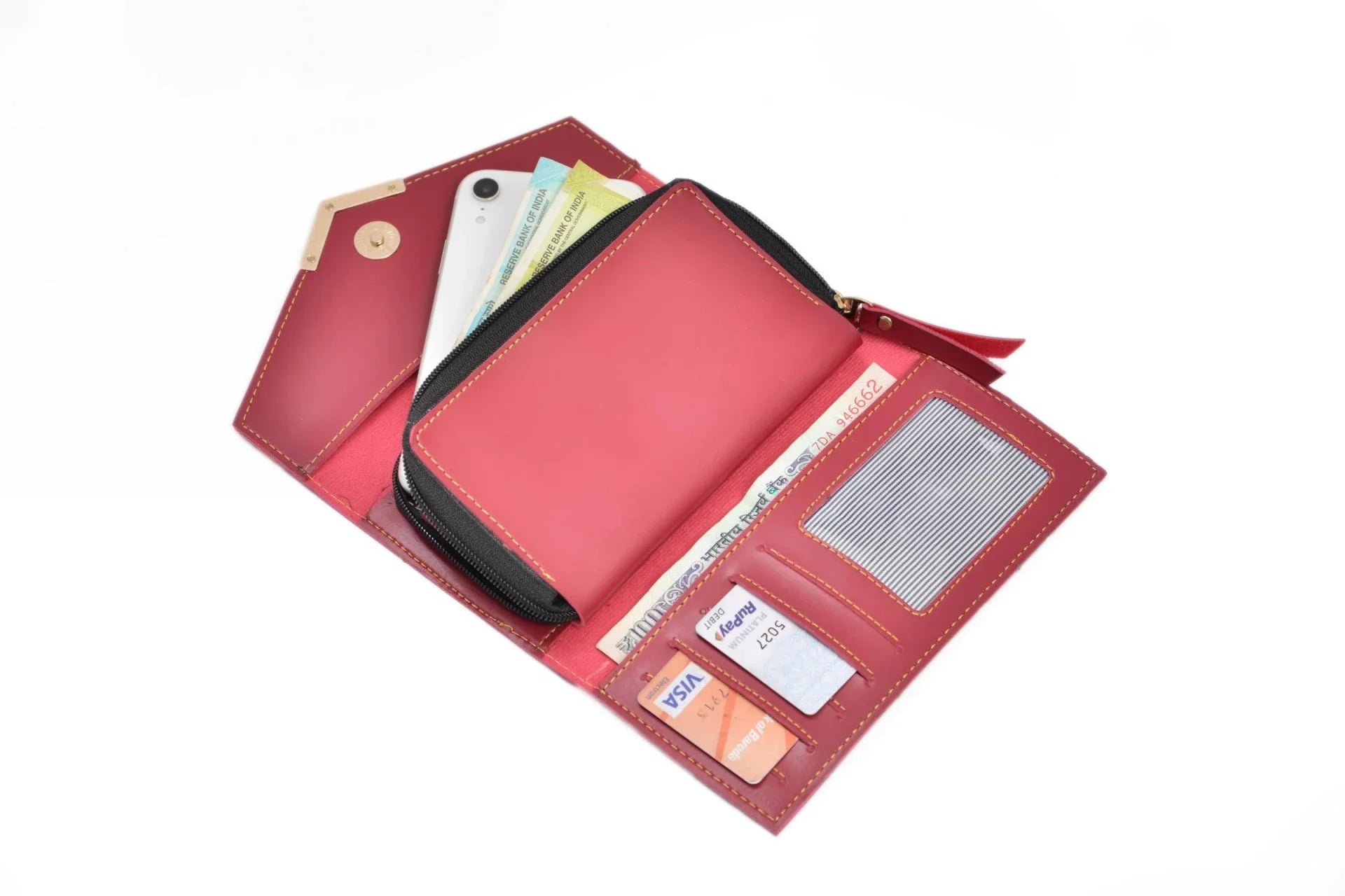 "Get this sleek and compact wallet to keep your cards and currencies together.  " Inside or open view of wine lady wallet
