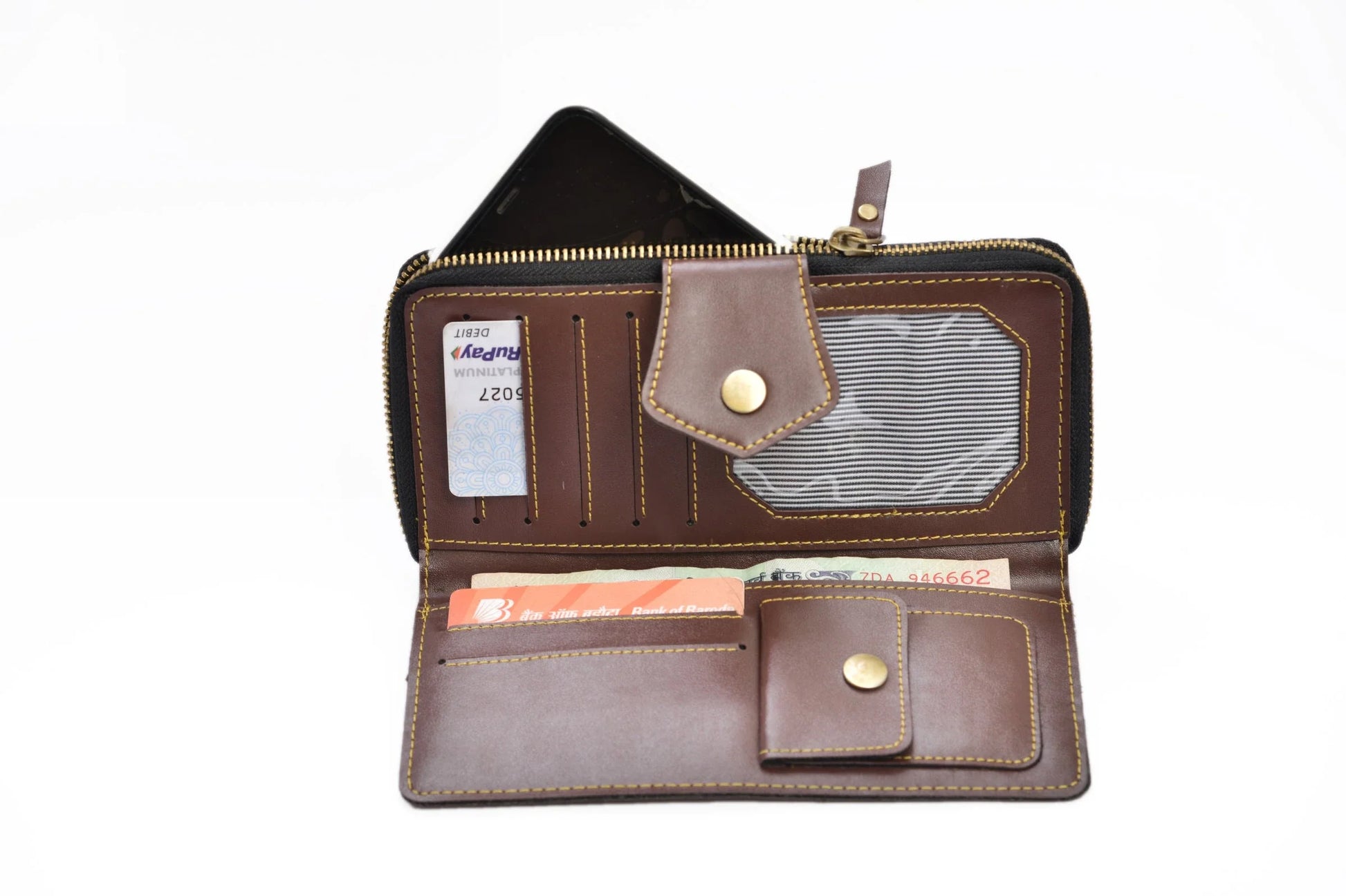 inside or open view of zip around lady wallet- brown