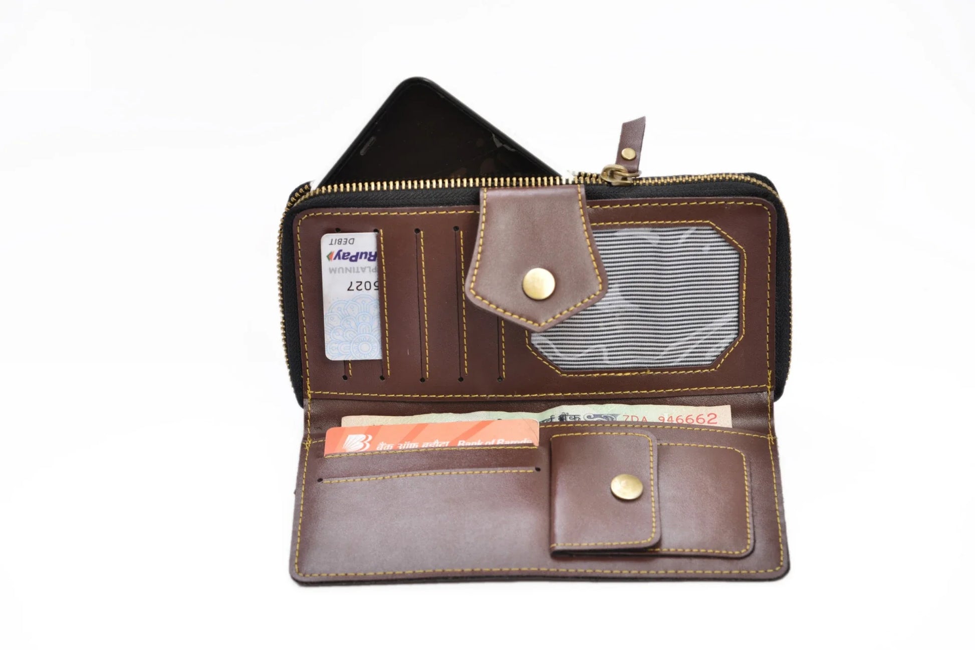 inside or open view of zip around lady wallet-brown