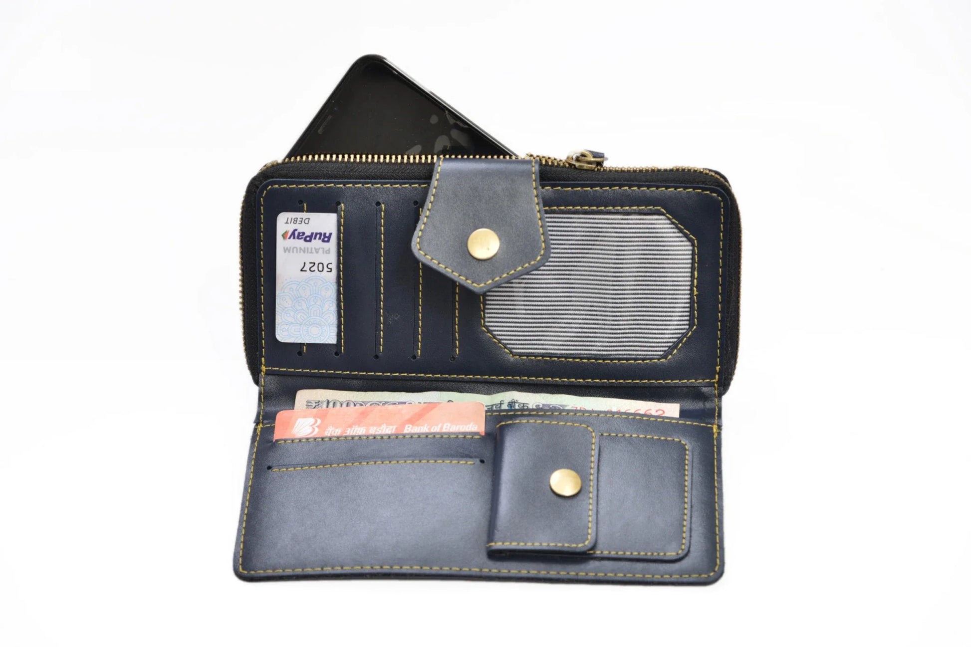 inside or open view of zip around lady wallet-royal blue
