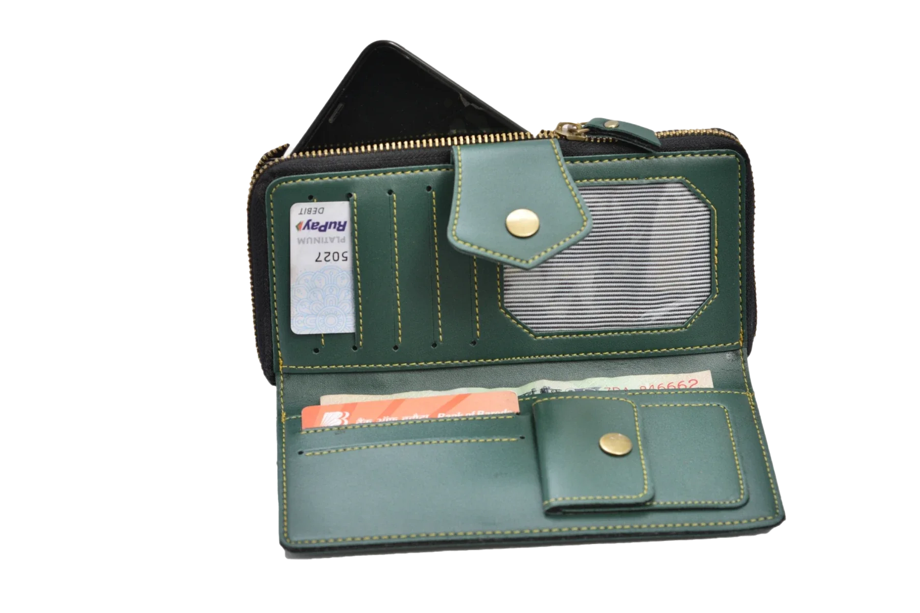 inside or open view of zip around lady wallet-olive green