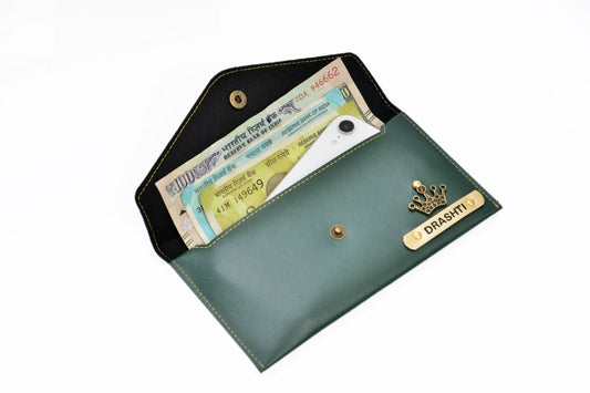 inside or open view of custom-made minimal clutch- olive green