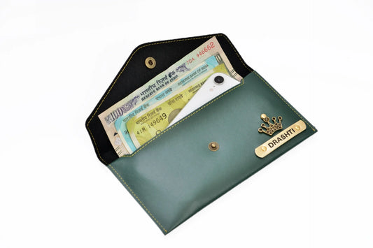 Always be trending and in fashion with our customized wallets. The travel Wallet material is vegan/synthetic/faux/PU leather. Inside or open view of olive green minimal clutch