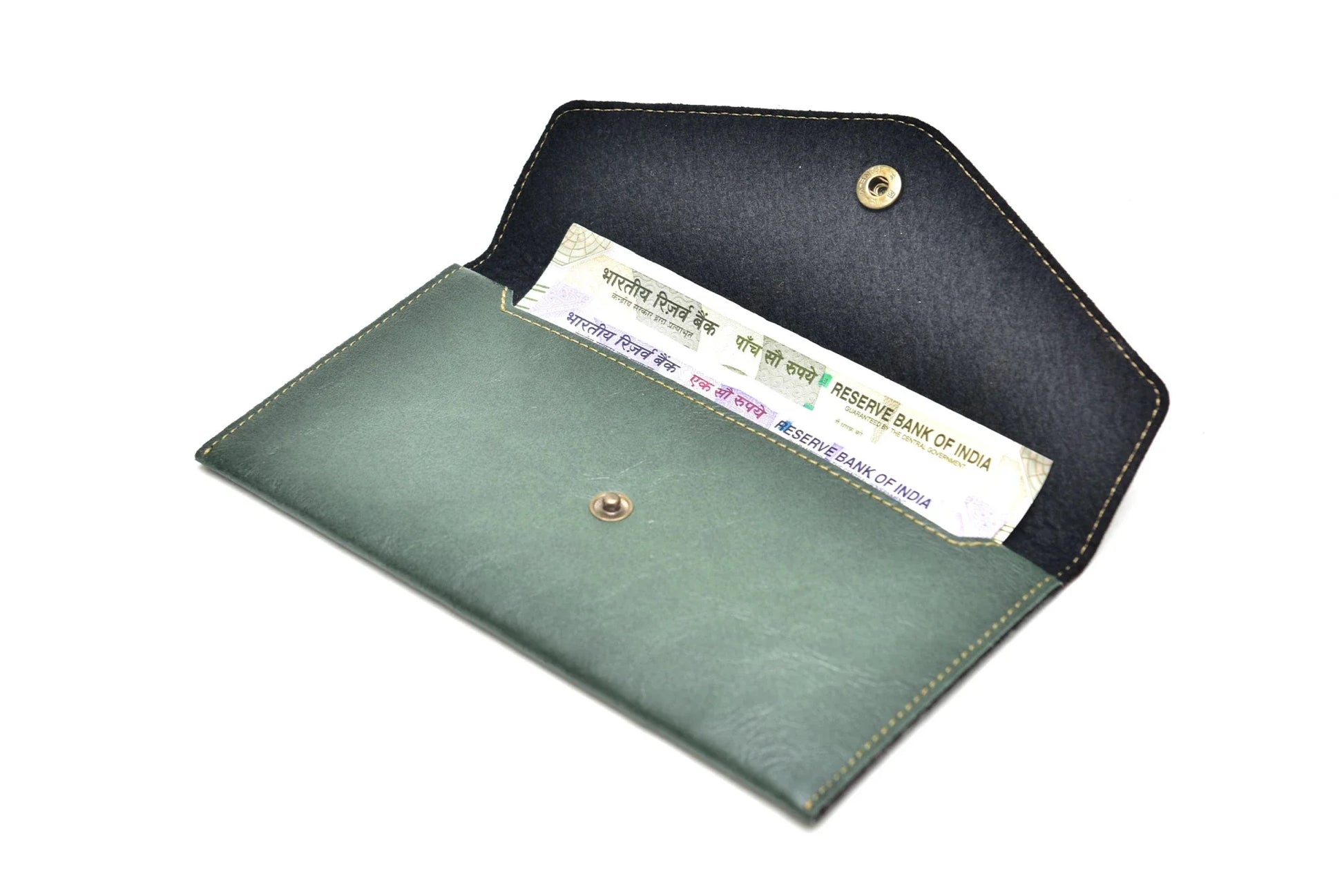 Inside or open view of olive green minimal clutch