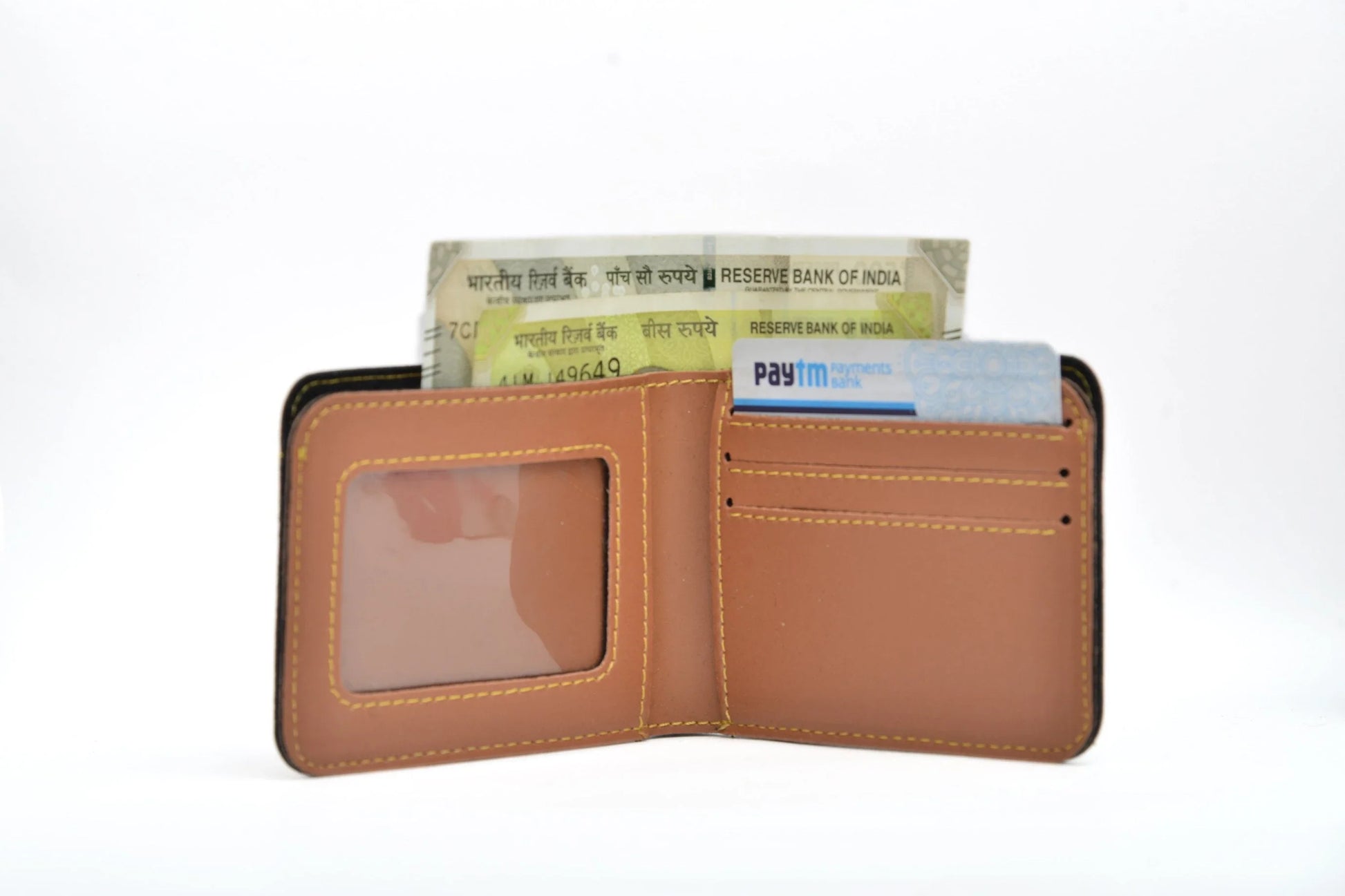 Inside or open view of tan mens wallet