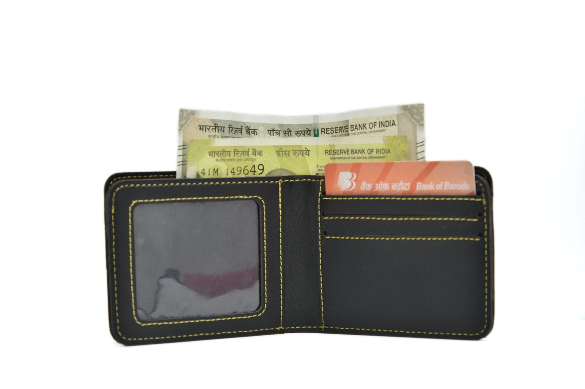 Inside or open view of black mens wallet