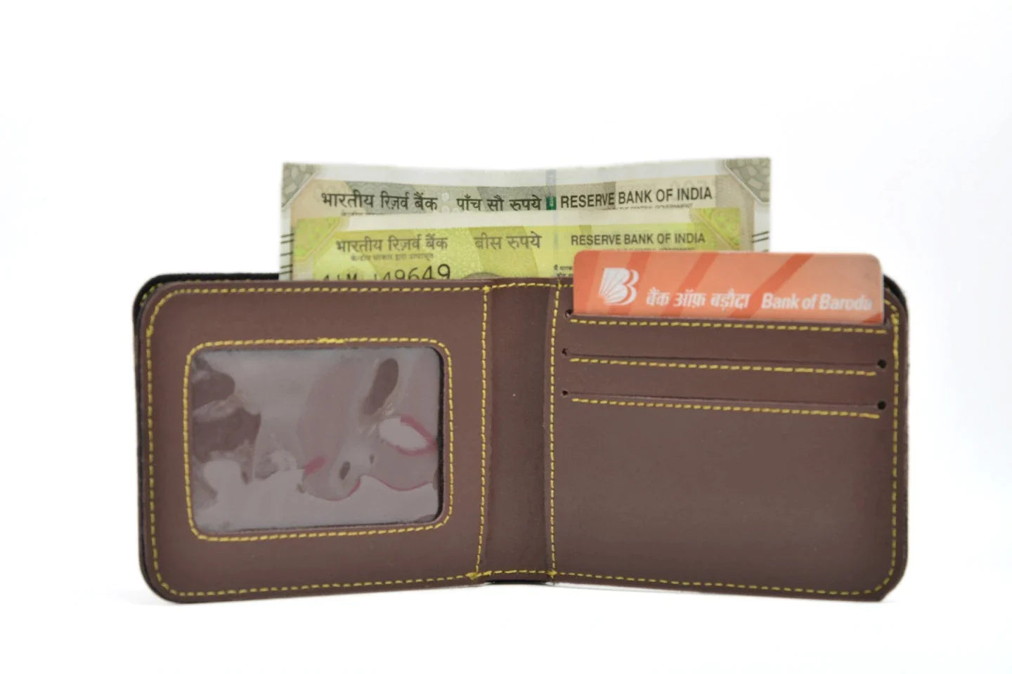 Inside or open view of brown men's wallet