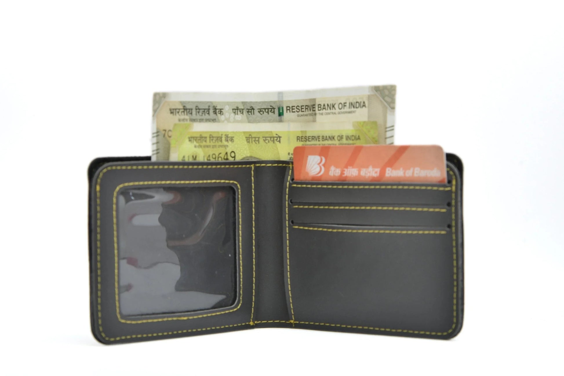 Inside or open view of grey mens wallet