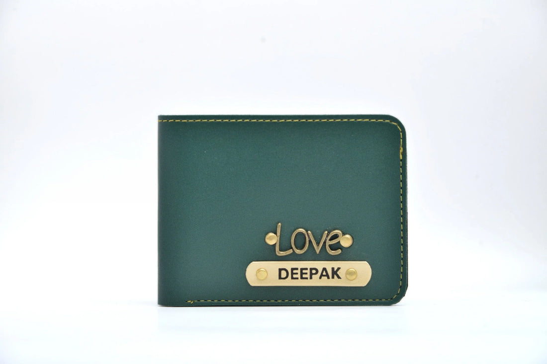 Personalized Men's Wallet - Olive Green.Fancy wallet made with the premium quality synthetic leather is the perfect touch to any office/formal attire. The option to customize it with your name and lucky charm makes it that much more special and unique. This is the best corporate gift! Always be trending and in fashion with our customized wallets. The Mens Wallet material is vegan/synthetic/faux/PU leather