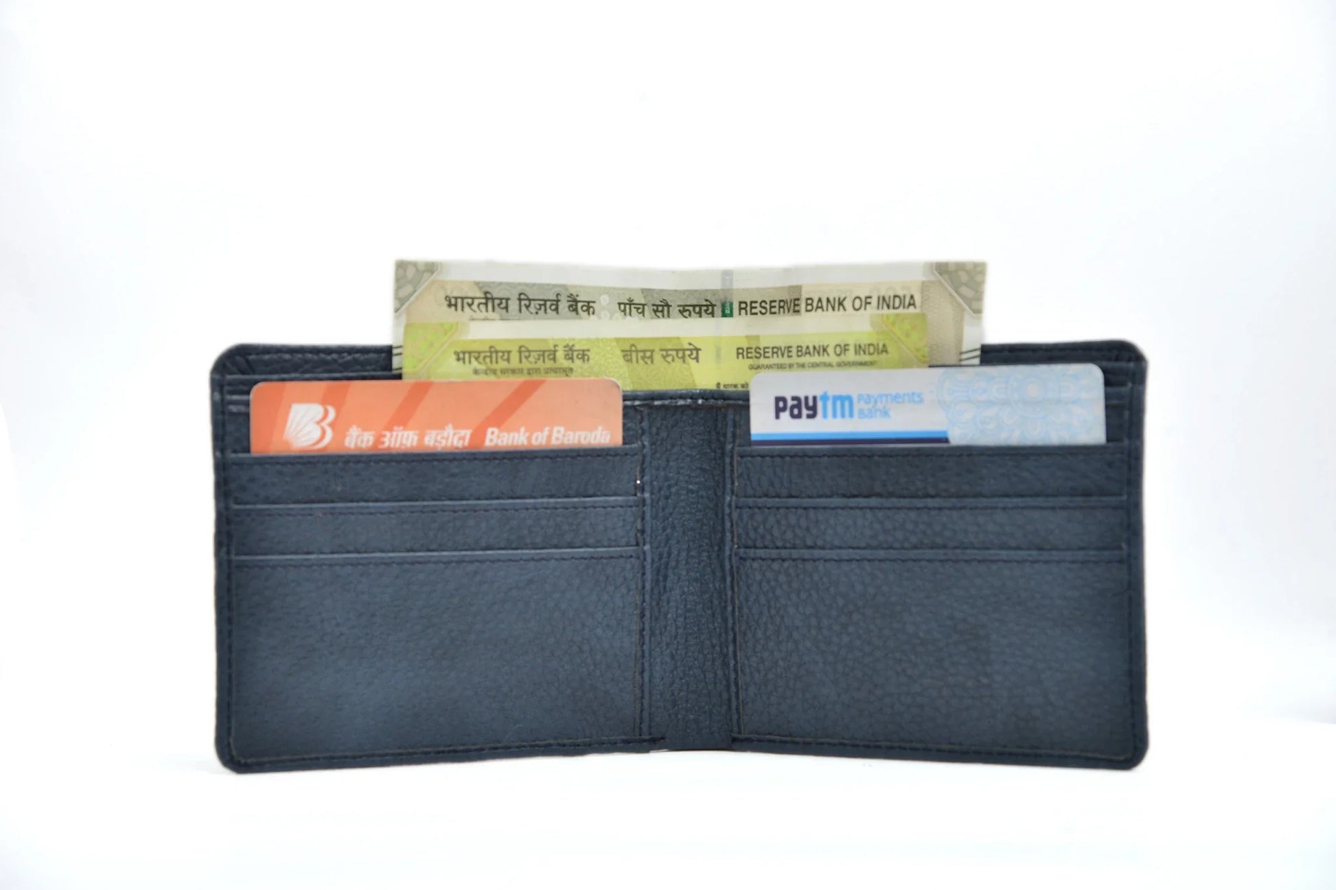 Inside or open view of blue mens wallet