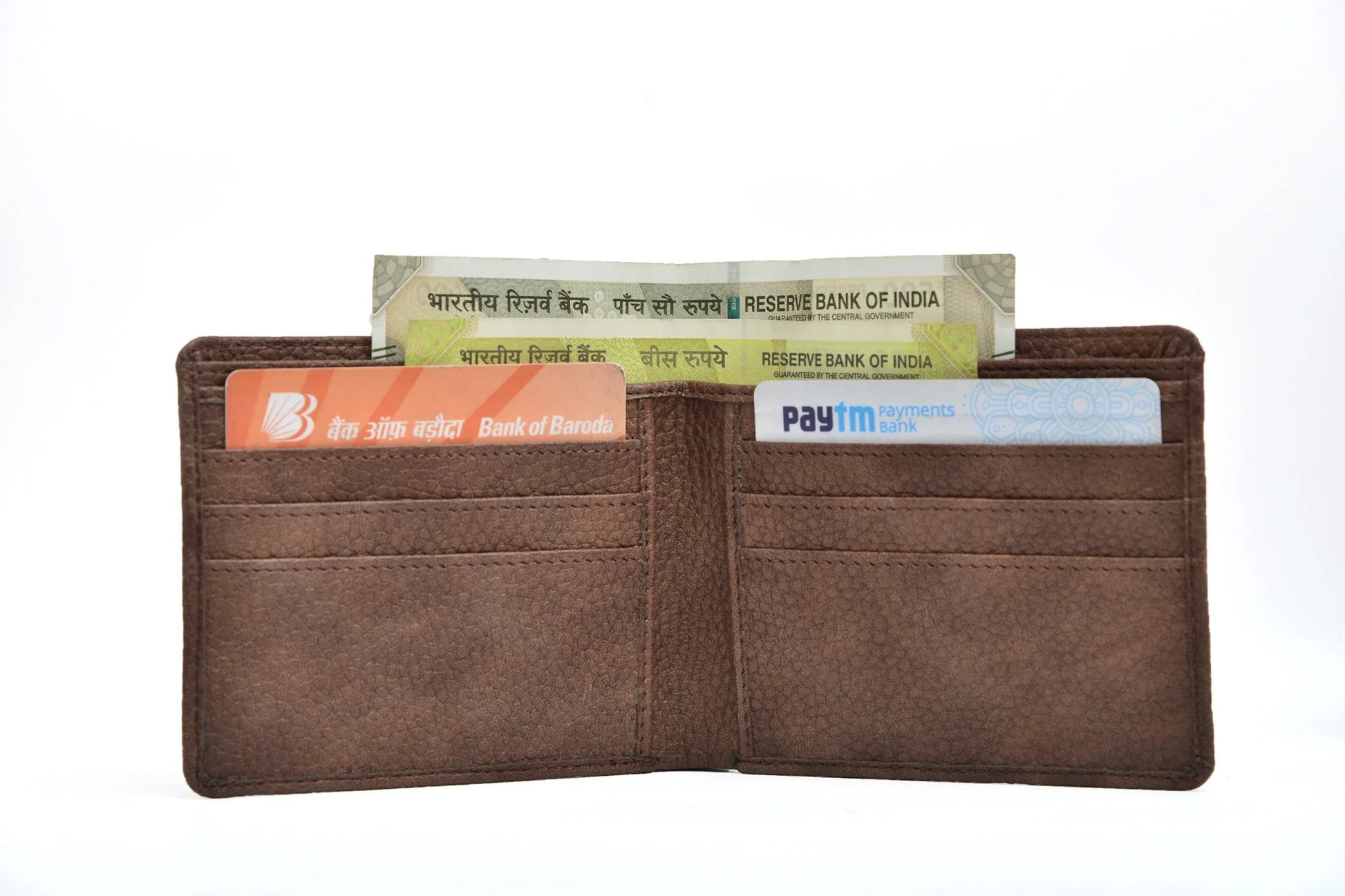 Inside or open view of brown mens wallet
