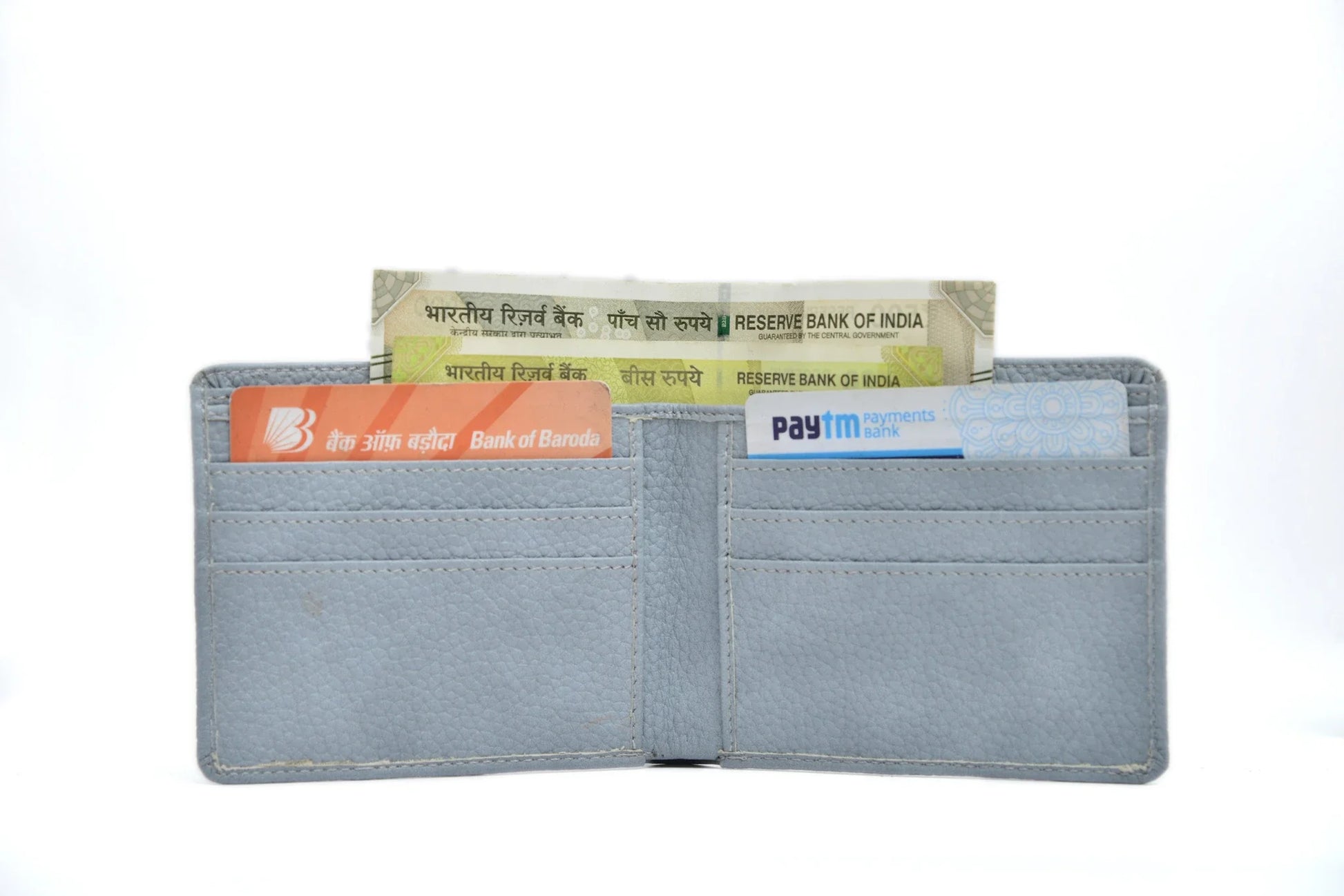 Inside or open view of blue wallet