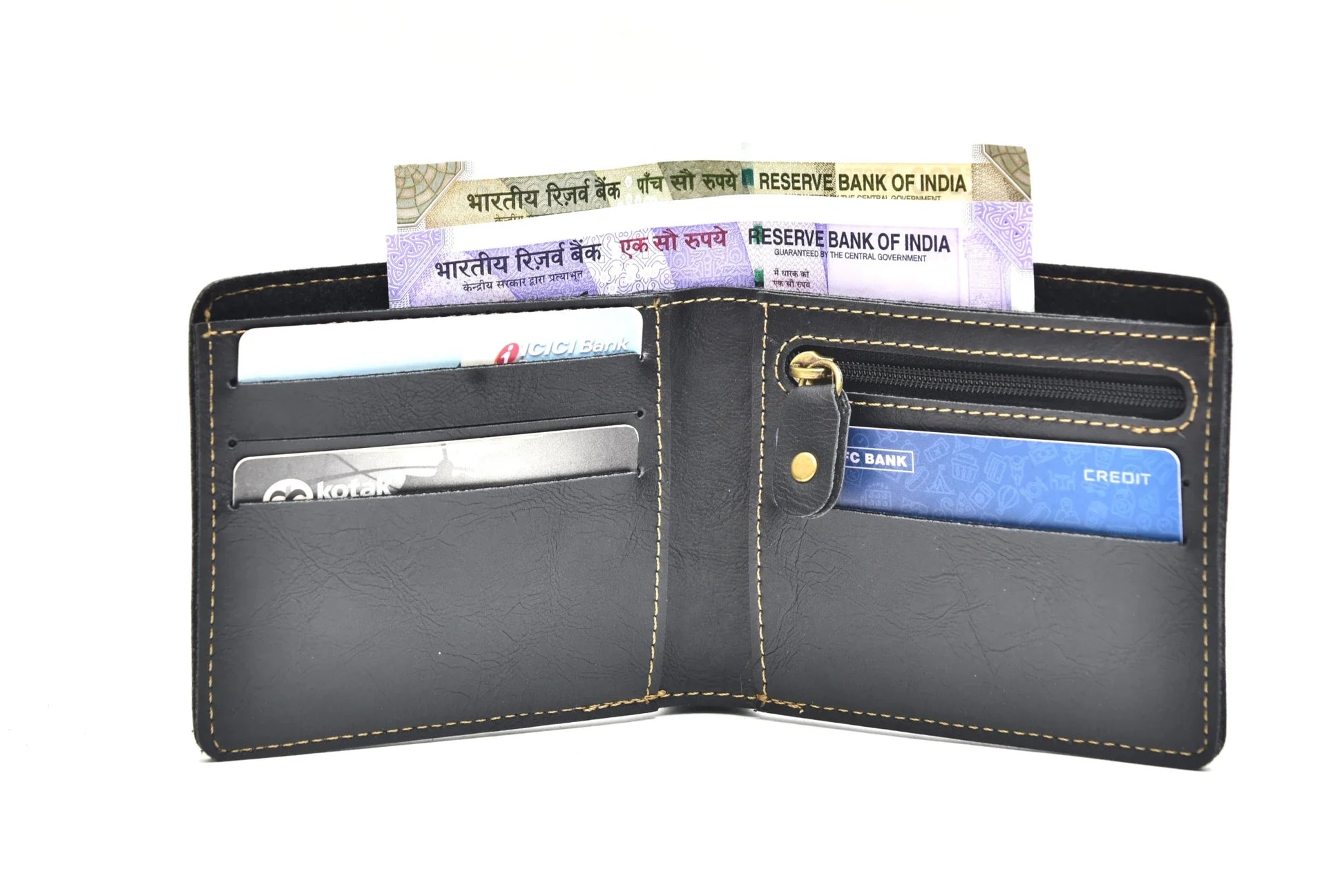 Inside/open view. Classy Leather Customized Men's Wallet (Black)