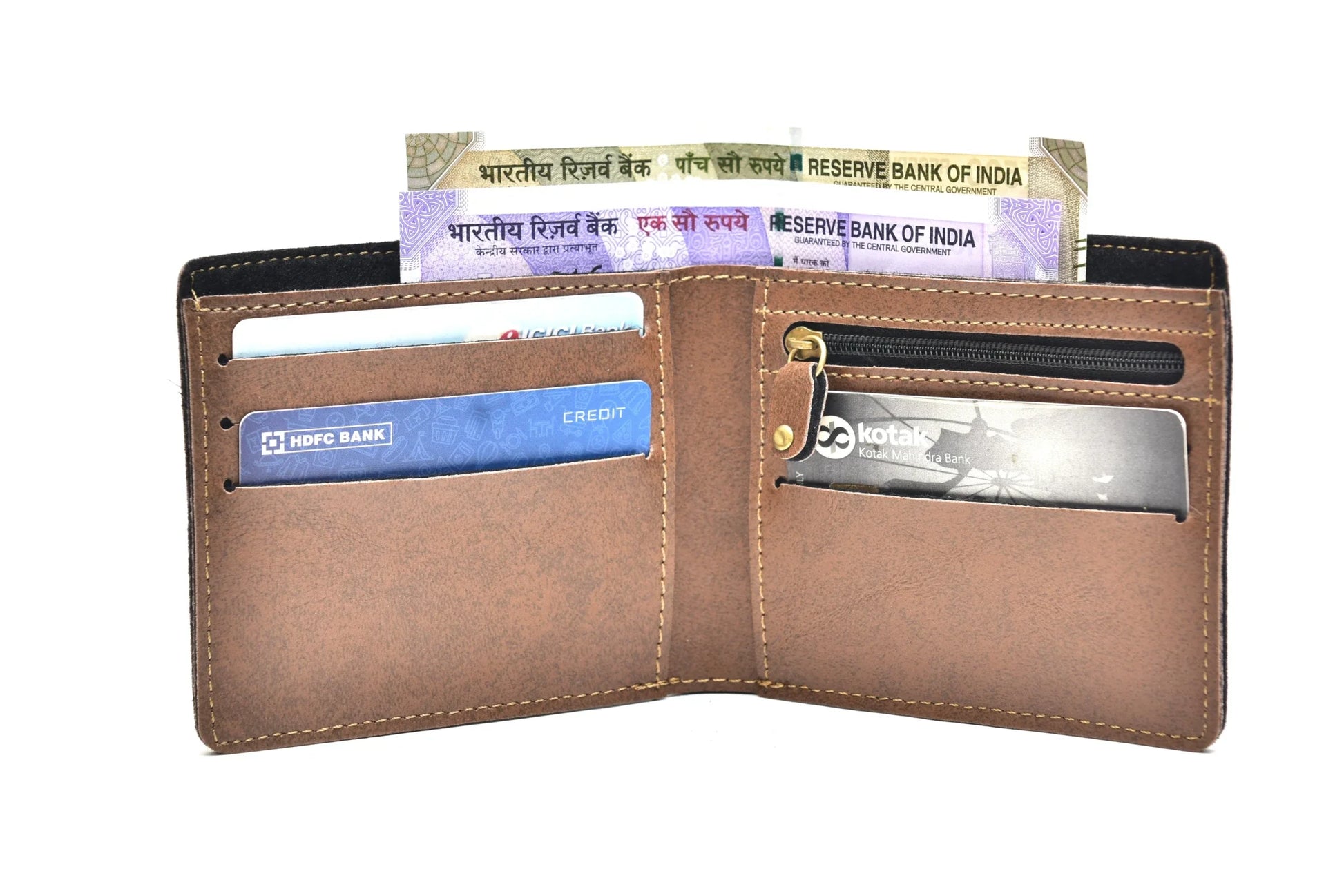 Inside or open view of brown men's wallet