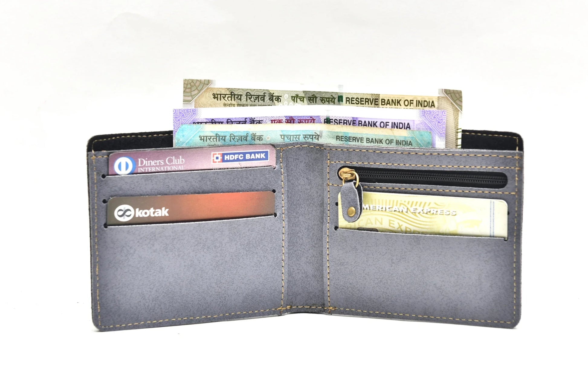 Inside or open view of grey men's wallet