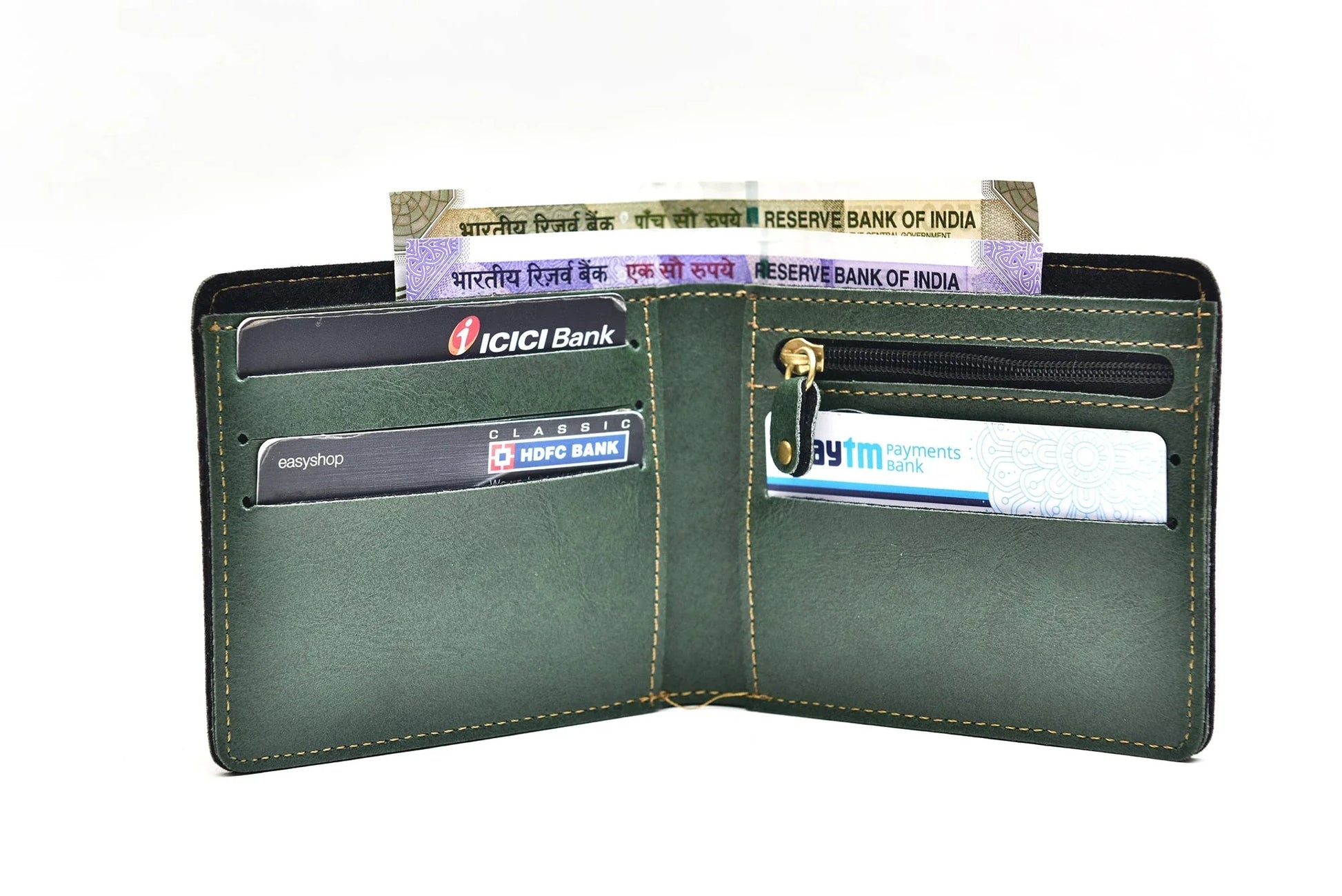 Inside or open view of olive green men's wallet