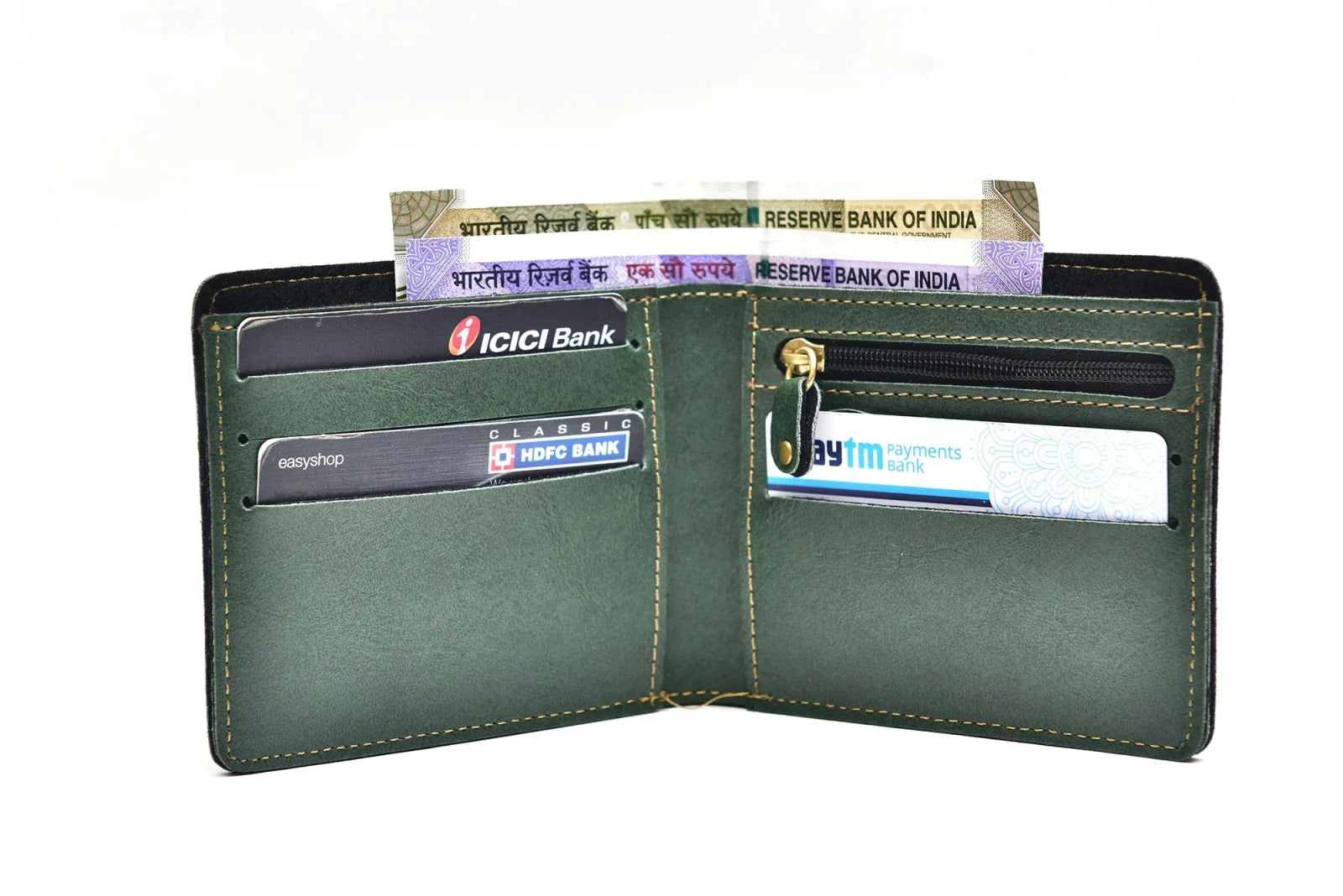 Inside or open view of olive green mens wallet