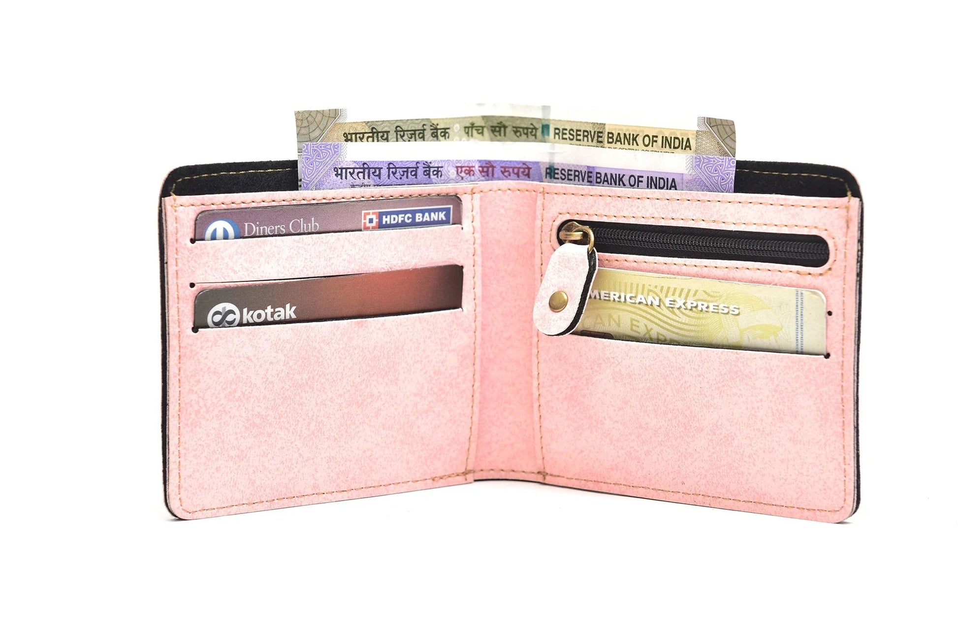 Inside or open view of light pink men's wallet