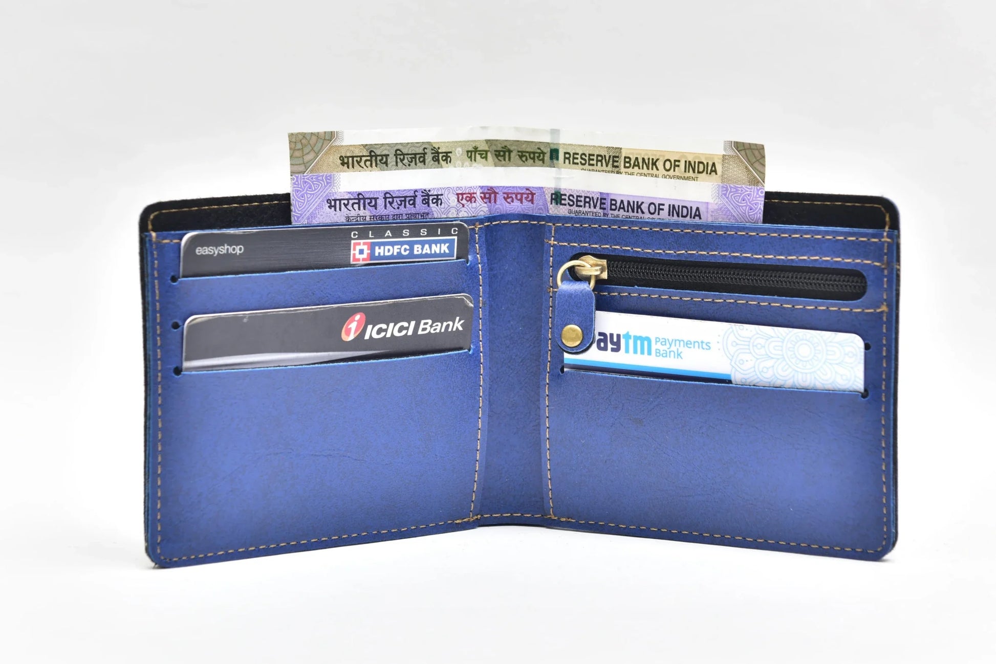 Inside or open view of men's wallet royal blue