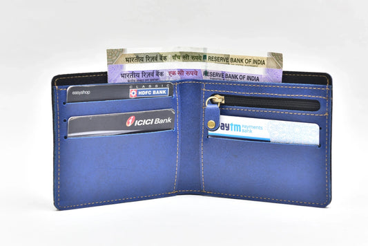 Inside or open view of royal blue men's wallet