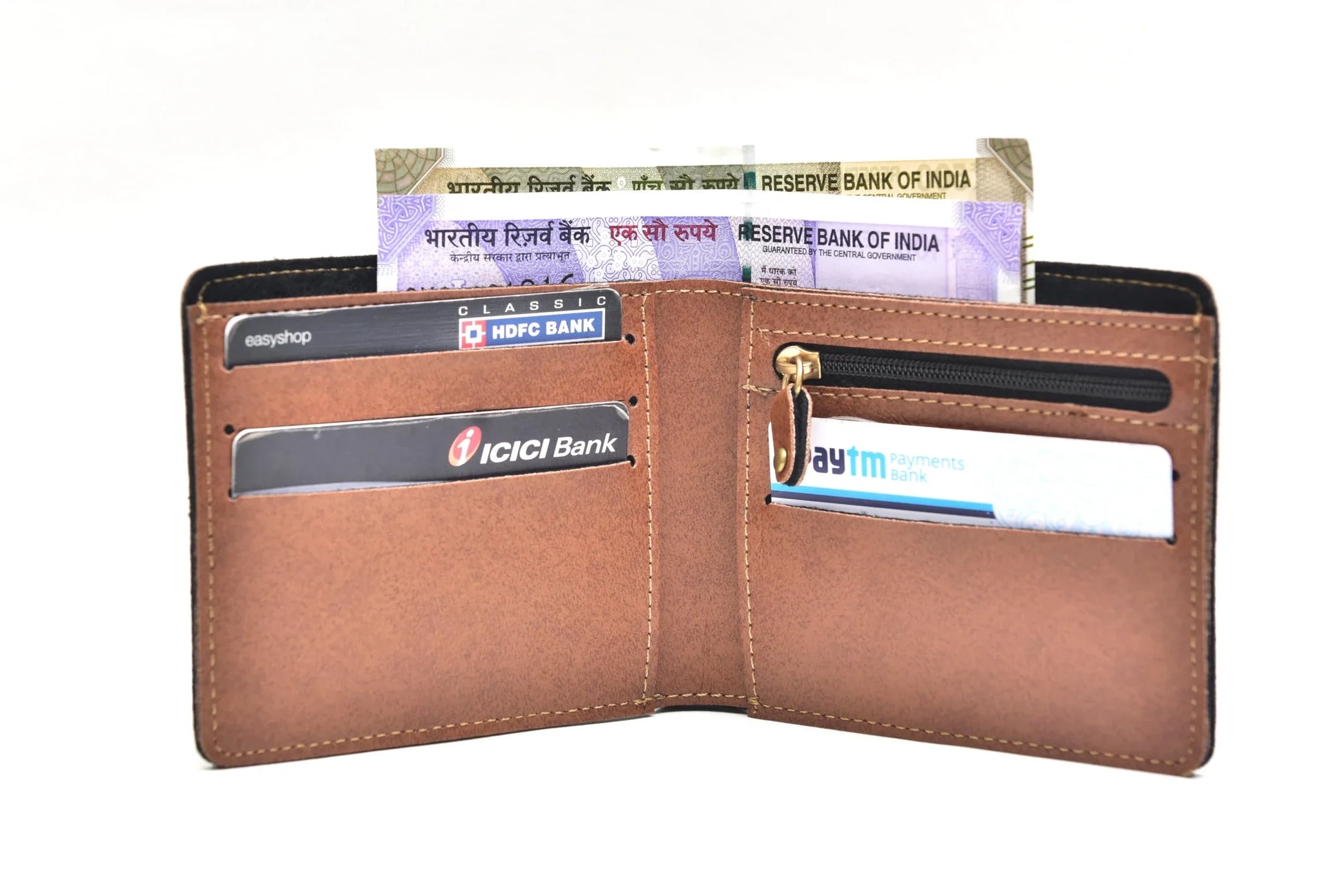 Inside or open view of tan mens wallet