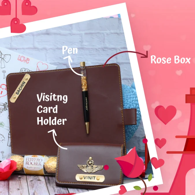 Say hello to love with the delicacies of ferraro rocher and a cute endearing rose box. Don't miss out the card holder and pen which makes the best corporate gift.