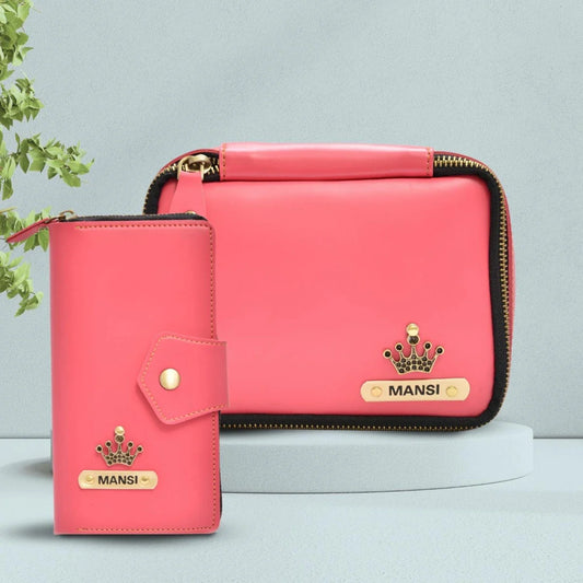 The perfect pairing of a stylish zip around lady wallet and a customized mini makeup kit, this combo is the ultimate accessory for the modern woman.