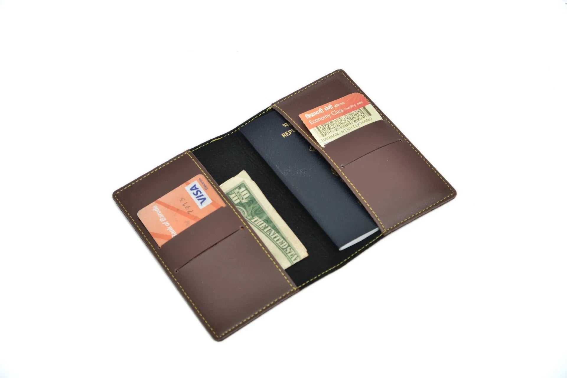 Inside or open view of brown passport holder