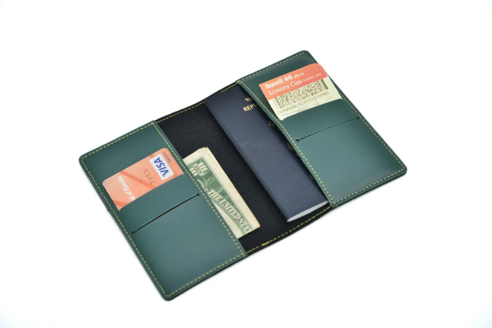 Inside or open view of passport case olive green