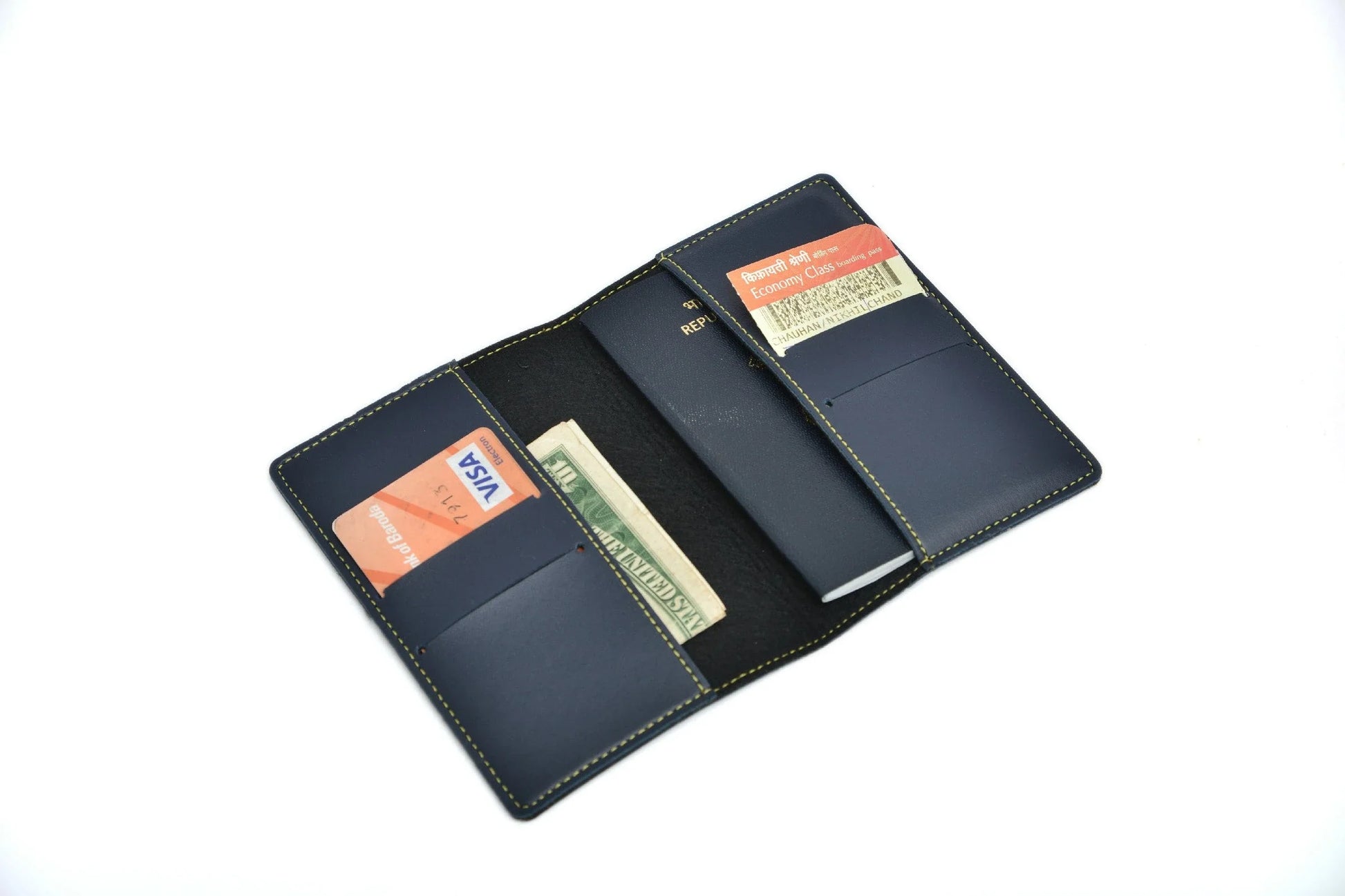 Inside or open view of royal blue passport cover
