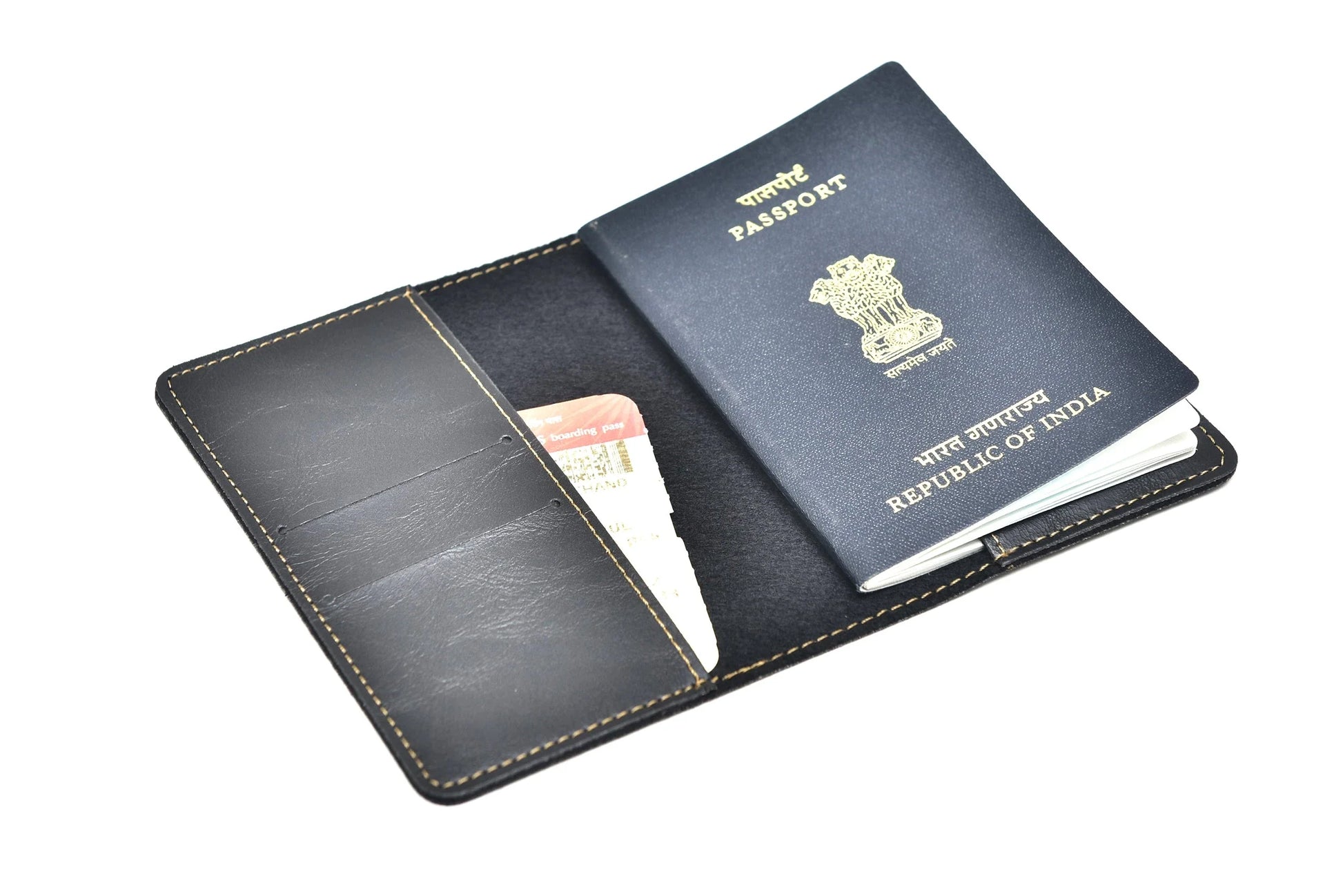 Inside or open view of black passport case