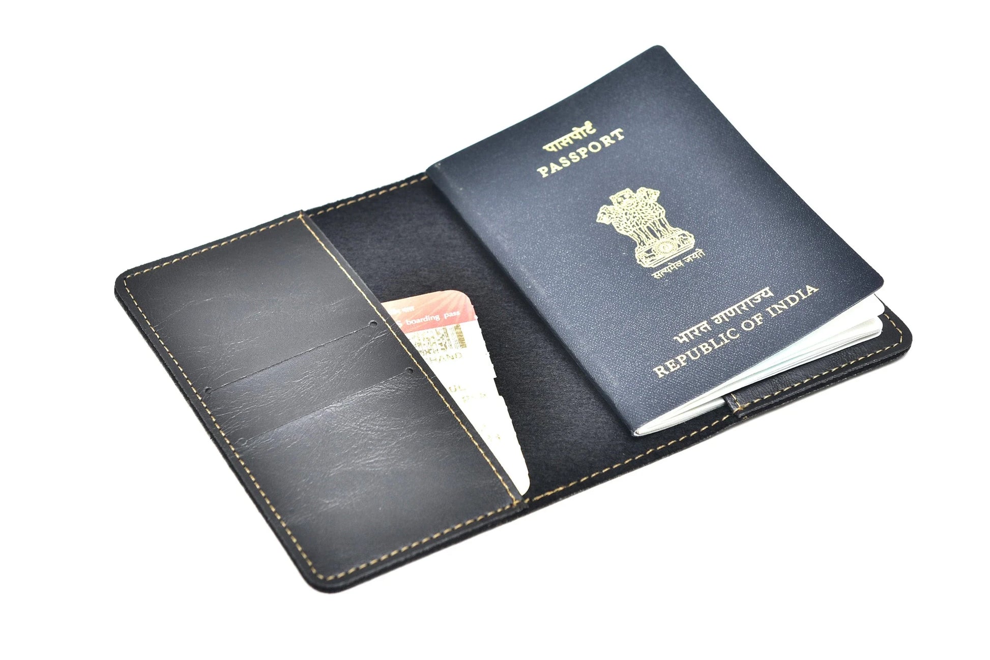 Inside or open view of black passport