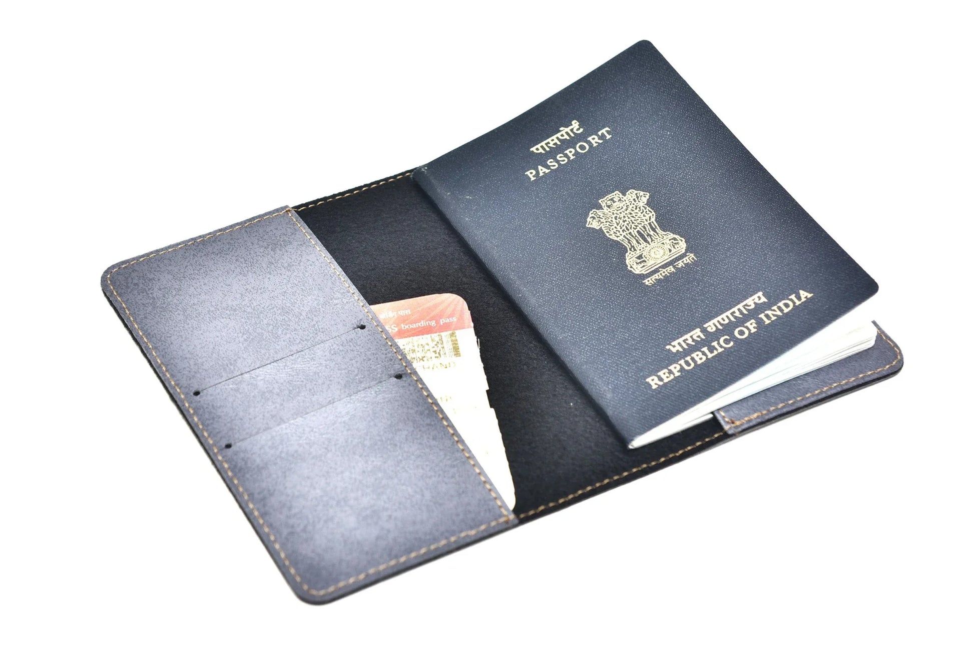 Inside or open view of grey passport case for couples combo