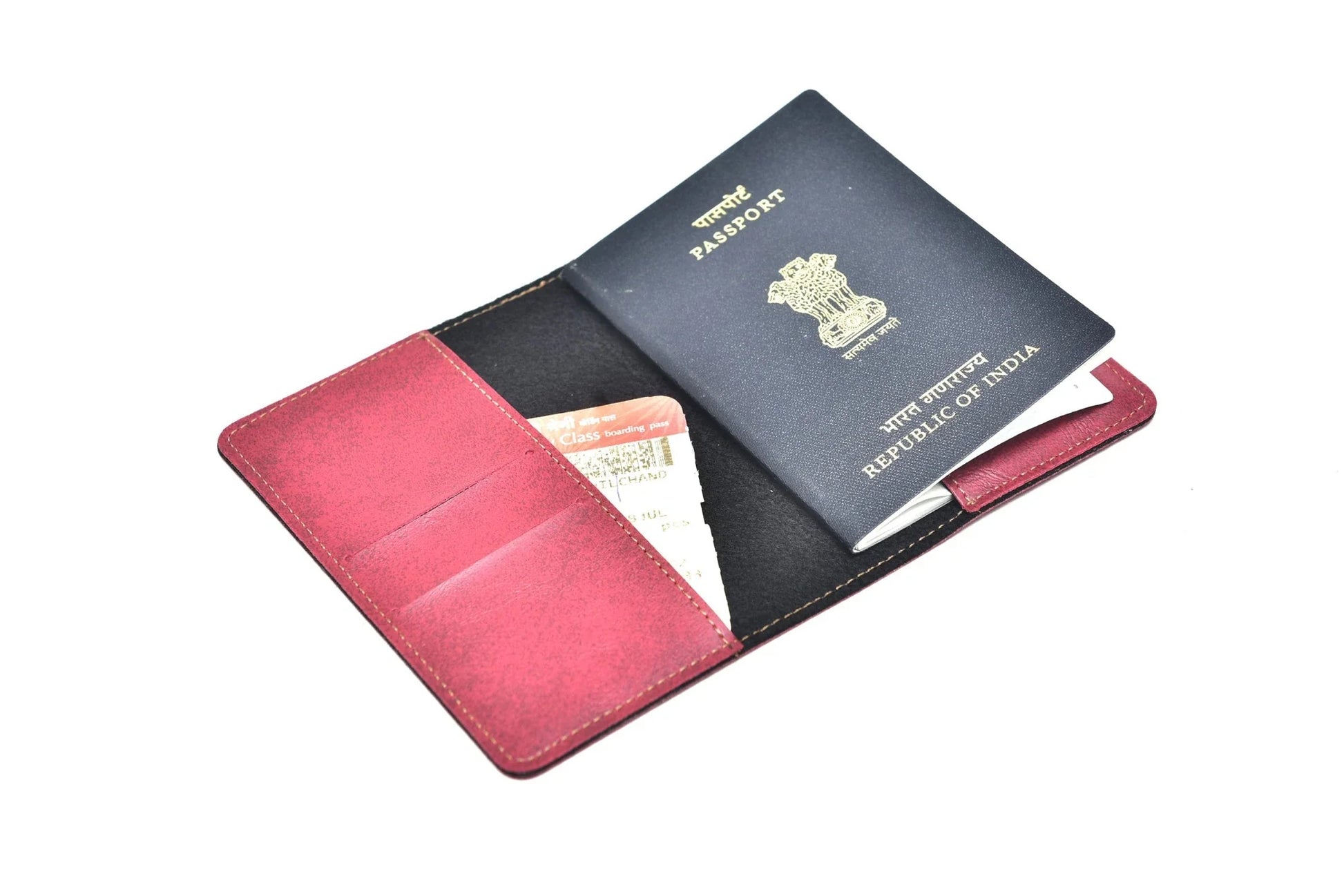 Inside or open view of maroon passport cover