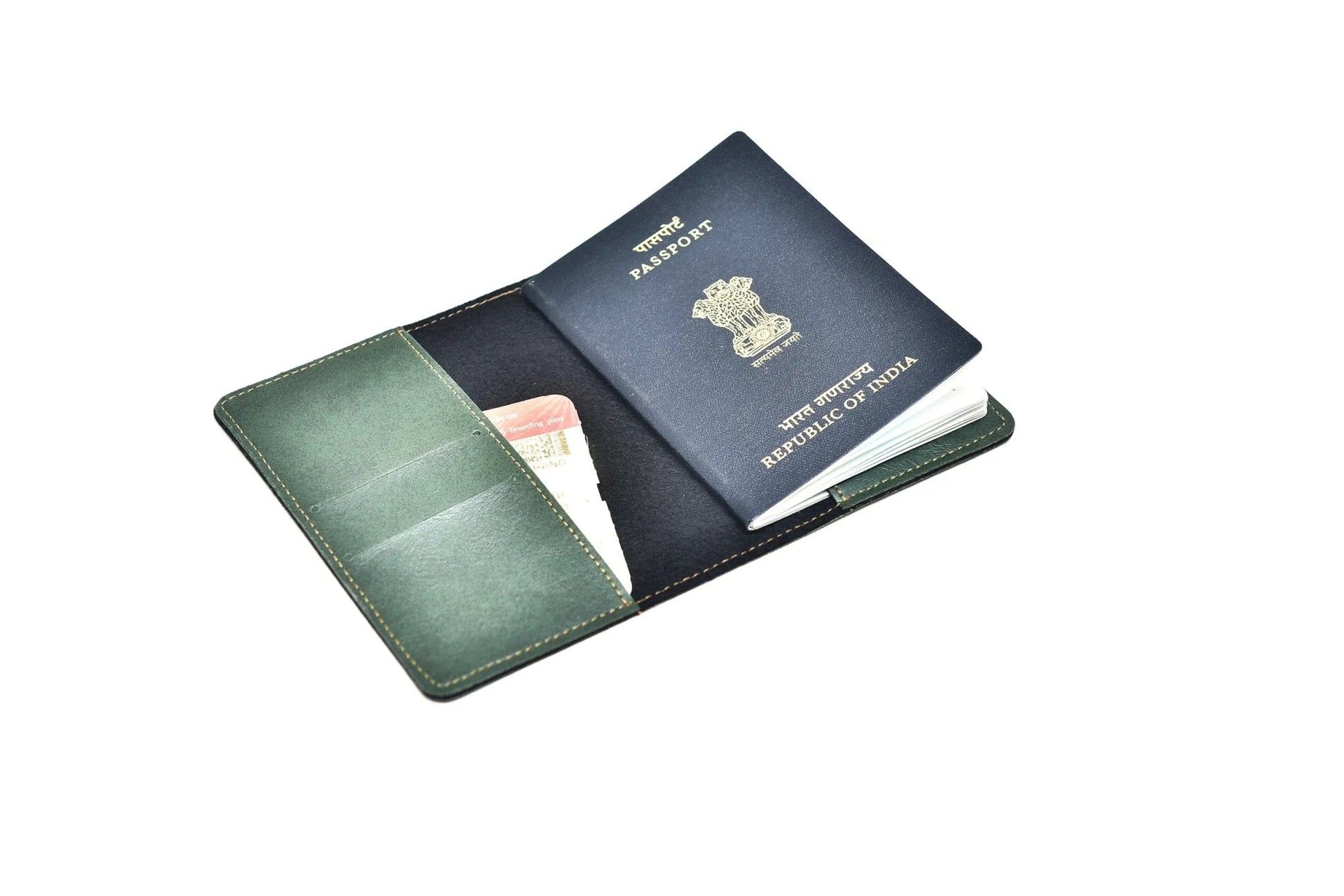 Inside or open view of olive green passport case
